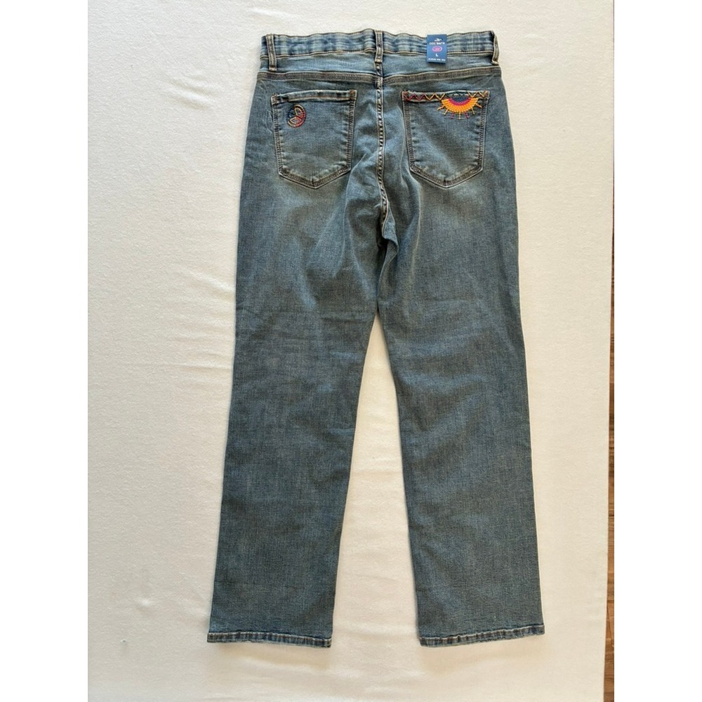 L Odijeans Embroidered Straight Leg Jeans NWT Playful Smiley Peace Indie Pop Y2K